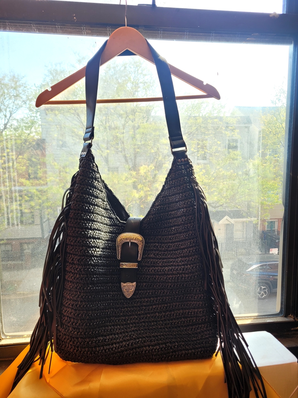 Steve Madden BlacK Fringe Bcoltie Straw Large Hobo Bag